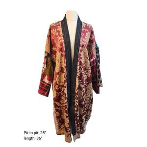 Boho Kimono Made from Vintage Quilt and Red Brocade with Dark Denim Collar